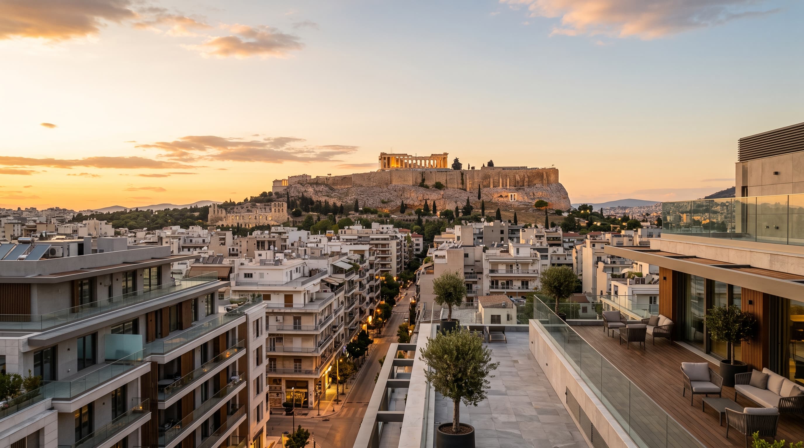 Rooftop terrace in Athens at sunset, with the Acropolis on the skyline