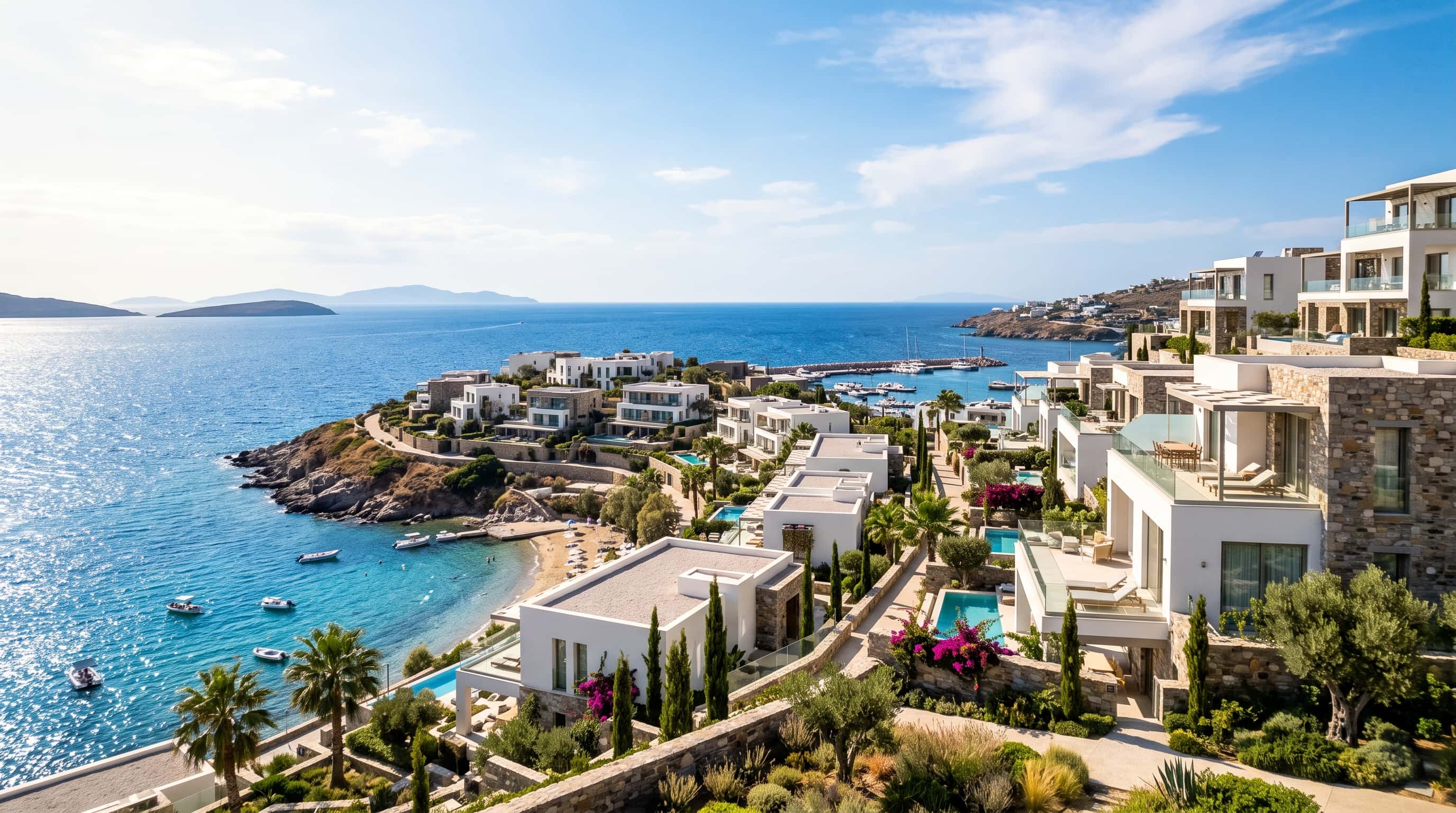 Modern white seaside residences overlooking the Aegean Sea in Greece