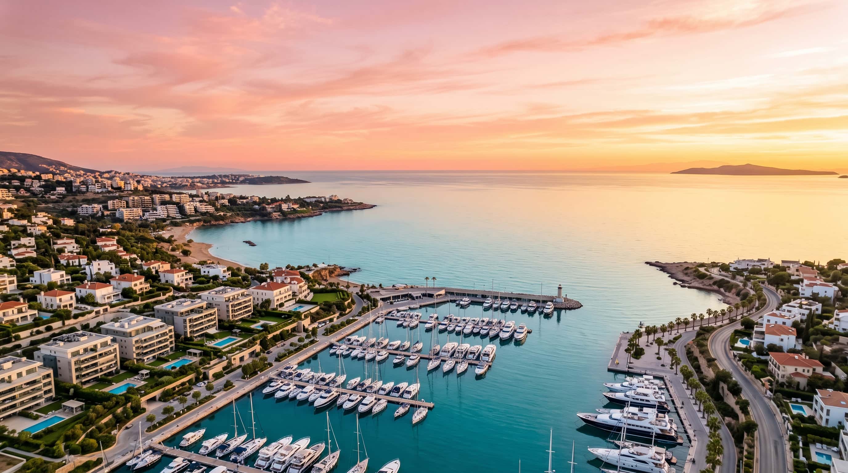 Athens Riviera marina and coastline at sunset
