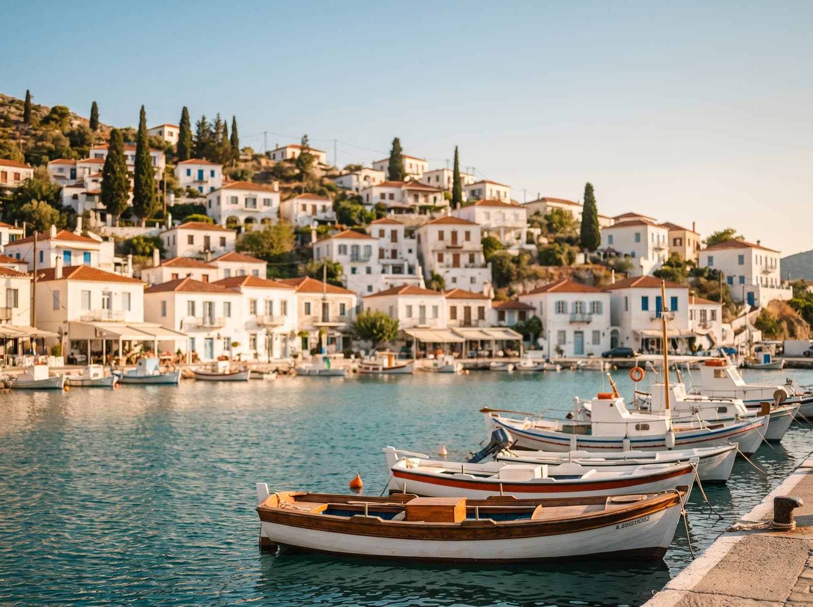 A Greek coastal town above a turquoise bay